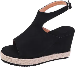 oiangi Slingback Sandals for Women Wedge Heel Summer Casual Fish Mouth Open Toe Suede Buckle Platform Sandals Solid Comfortable Chunky High Heel Shoes