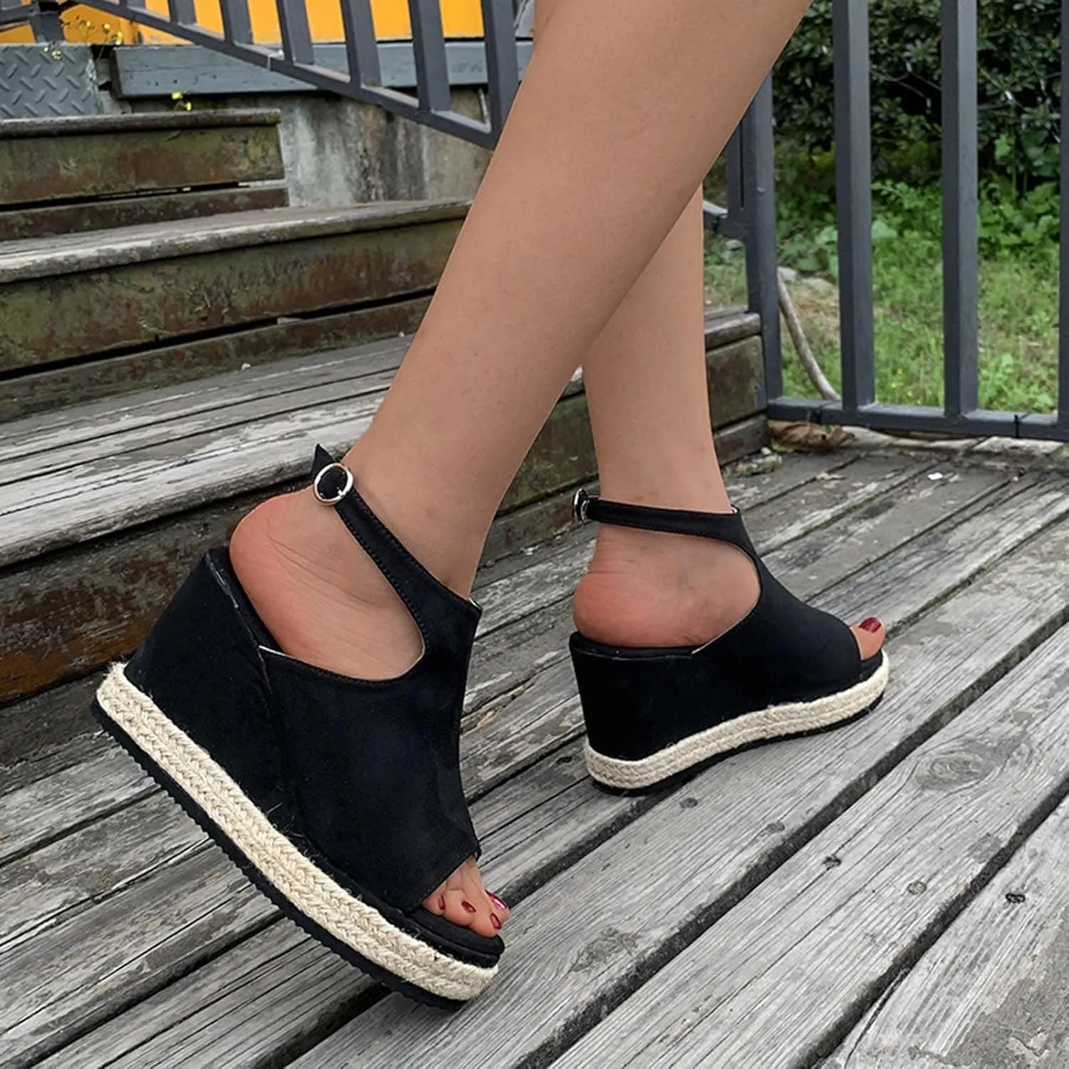 oiangi Slingback Sandals for Women Wedge Heel Summer Casual Fish Mouth Open Toe Suede Buckle Platform Sandals Solid Comfortable Chunky High Heel Shoes