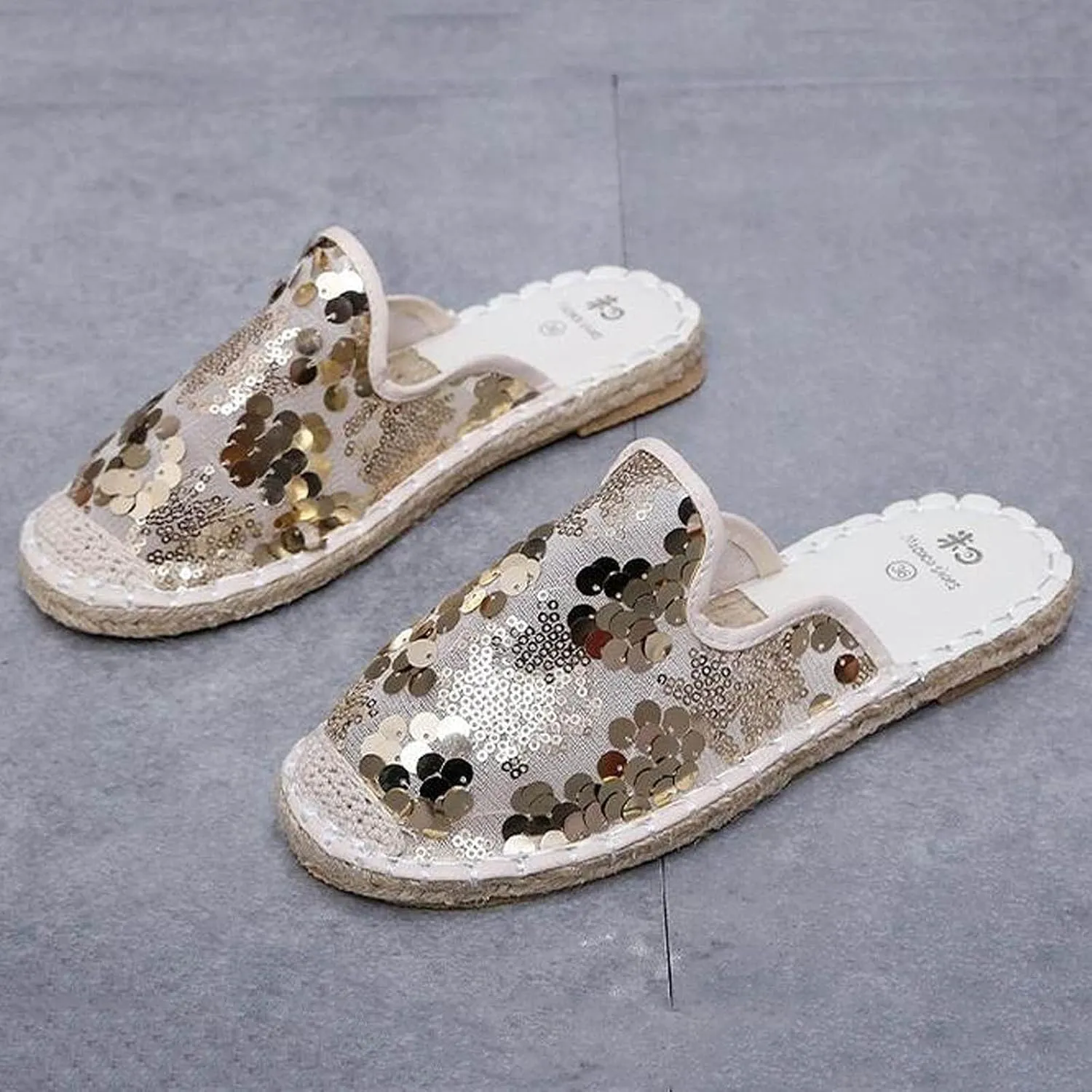 oiangi Sparkly Glitter Sandals for Women Casual Summer Closed Toe Slip-on Espadrille Flat Slipper Elegant Comfortable Home Outdoor Shoes Flip Flops