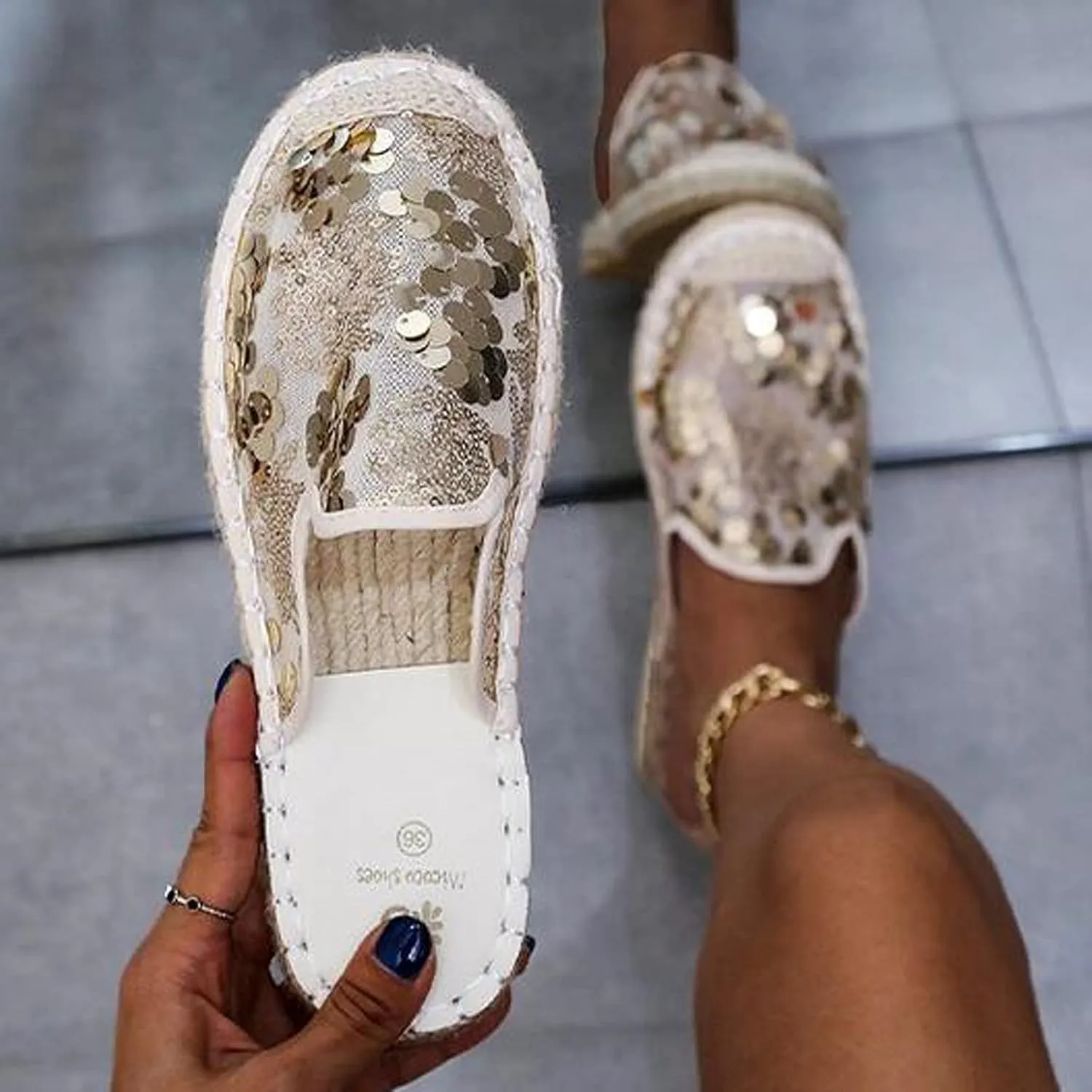 oiangi Sparkly Glitter Sandals for Women Casual Summer Closed Toe Slip-on Espadrille Flat Slipper Elegant Comfortable Home Outdoor Shoes Flip Flops