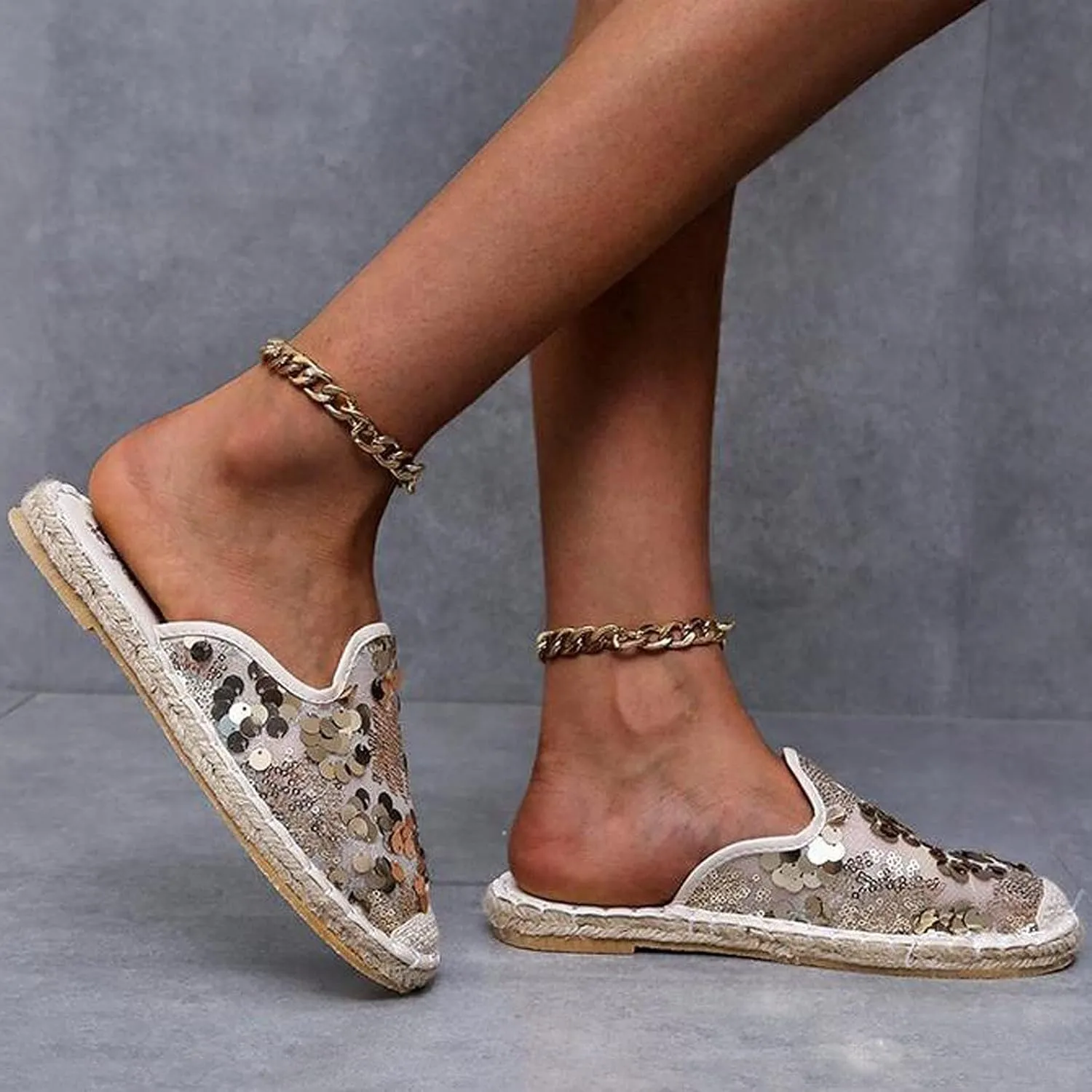 oiangi Sparkly Glitter Sandals for Women Casual Summer Closed Toe Slip-on Espadrille Flat Slipper Elegant Comfortable Home Outdoor Shoes Flip Flops