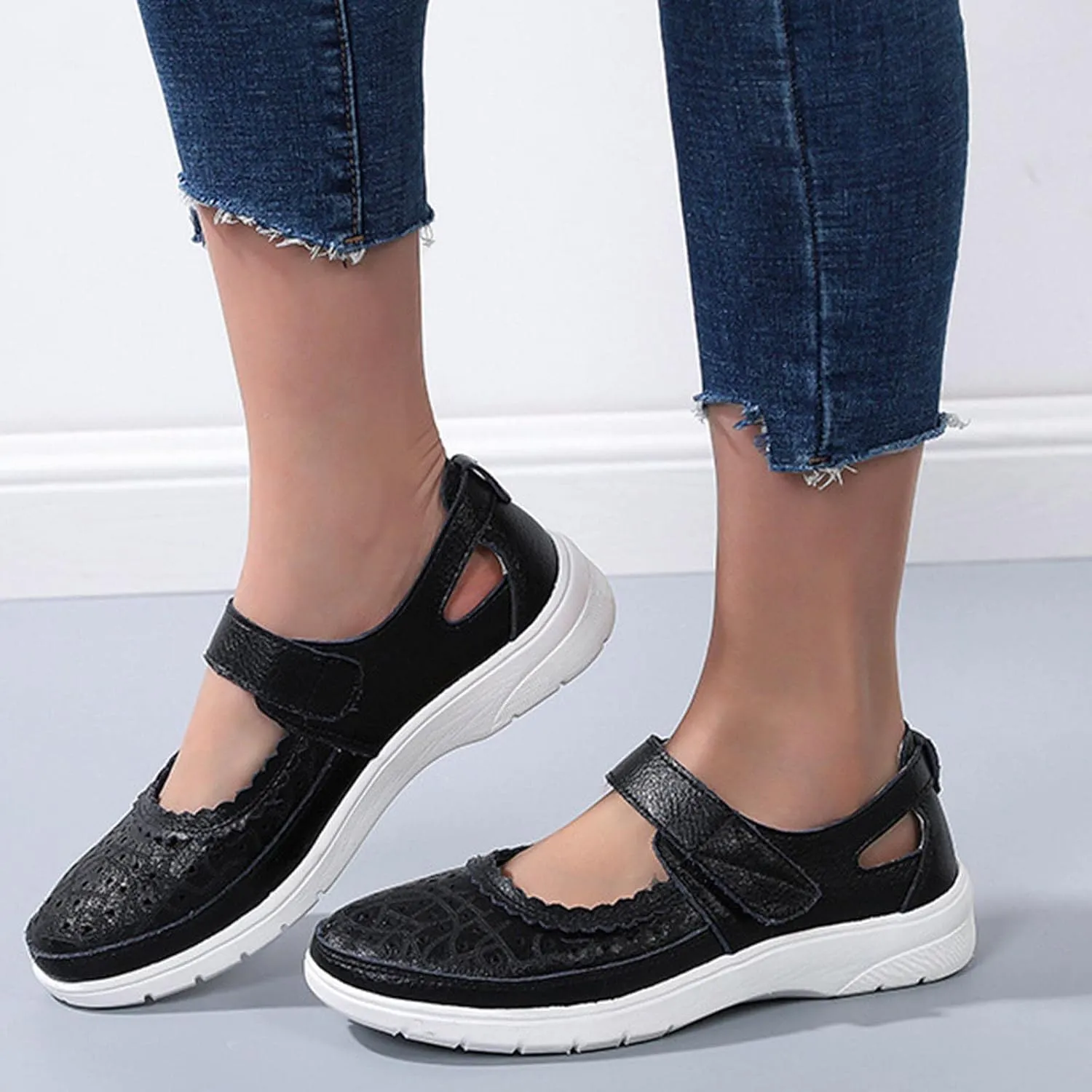 oiangi Summer Sandals for Women Fashion Casual Closed Toe Hollow Hole Hook and Loop Wedge Sandals Solid Comfortable Breathable Carved Flower Nurse Shoes
