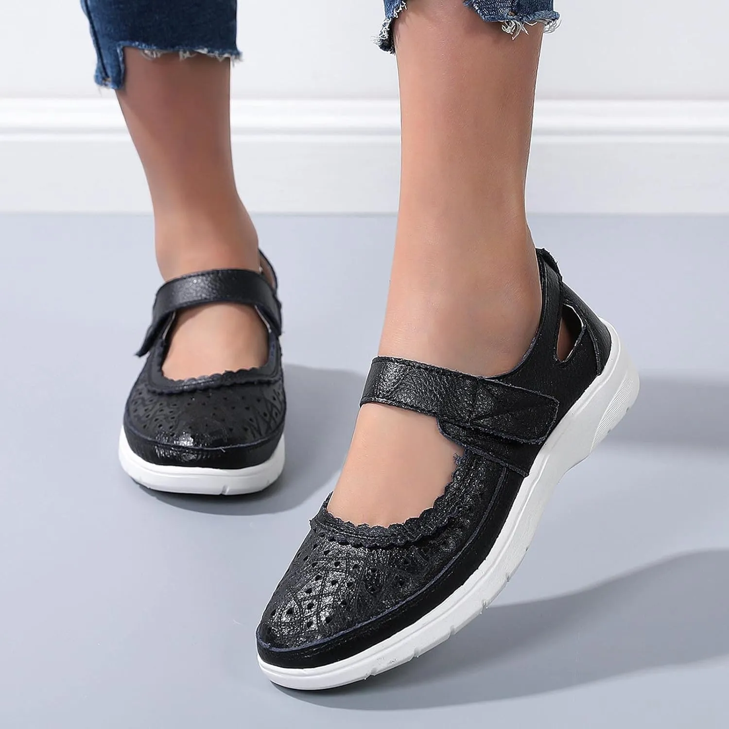 oiangi Summer Sandals for Women Fashion Casual Closed Toe Hollow Hole Hook and Loop Wedge Sandals Solid Comfortable Breathable Carved Flower Nurse Shoes