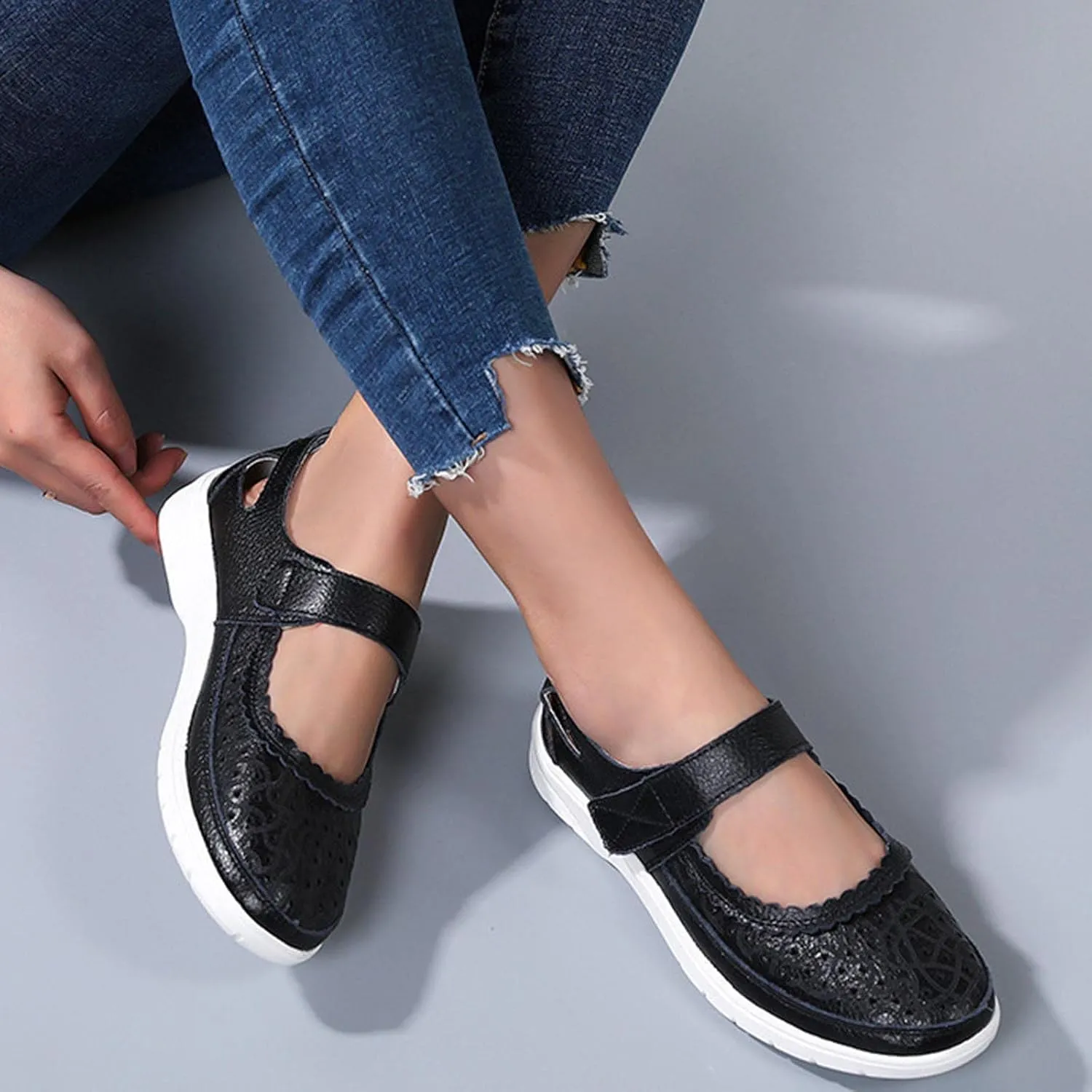 oiangi Summer Sandals for Women Fashion Casual Closed Toe Hollow Hole Hook and Loop Wedge Sandals Solid Comfortable Breathable Carved Flower Nurse Shoes