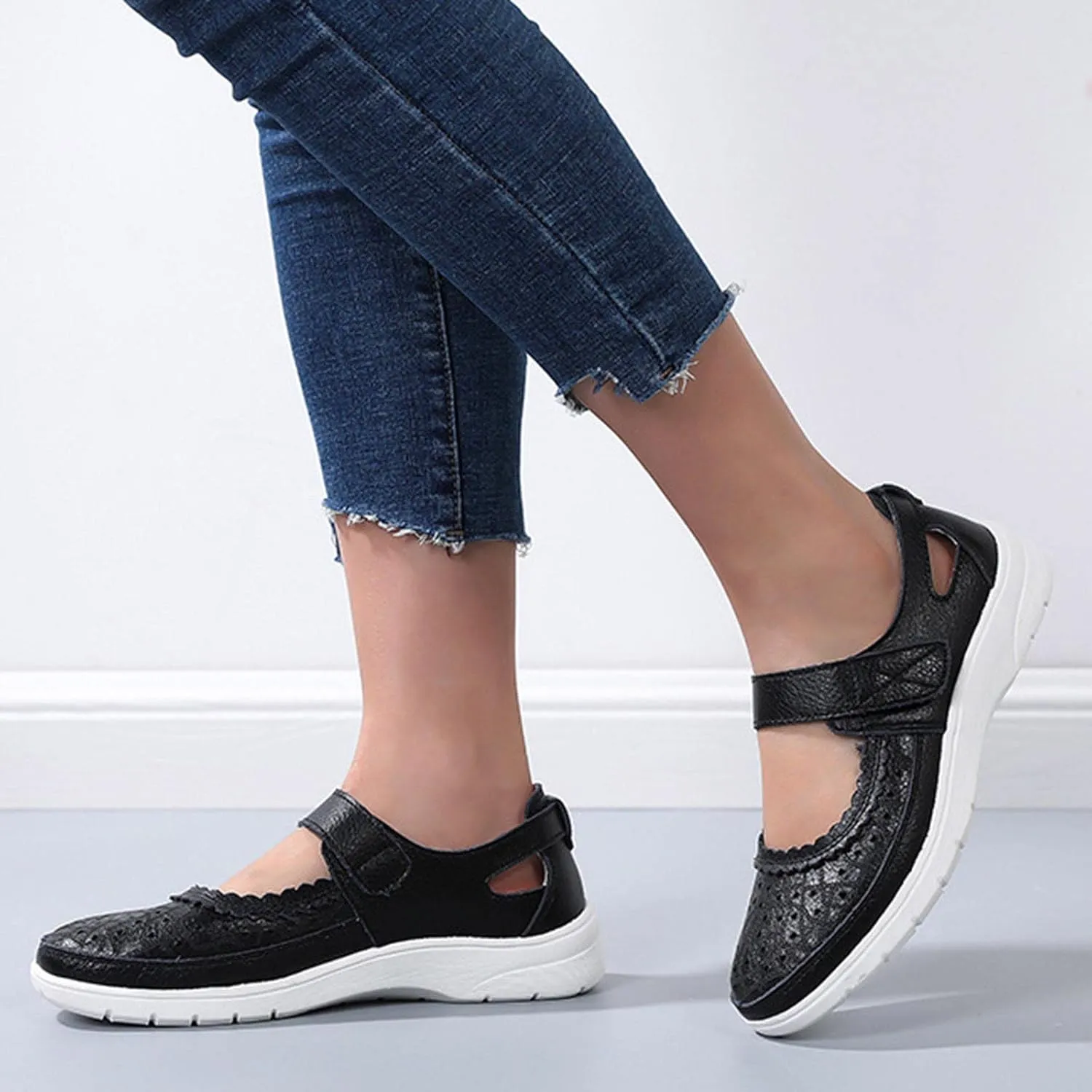 oiangi Summer Sandals for Women Fashion Casual Closed Toe Hollow Hole Hook and Loop Wedge Sandals Solid Comfortable Breathable Carved Flower Nurse Shoes