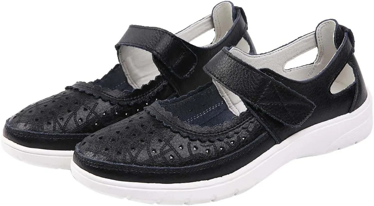 oiangi Summer Sandals for Women Fashion Casual Closed Toe Hollow Hole Hook and Loop Wedge Sandals Solid Comfortable Breathable Carved Flower Nurse Shoes