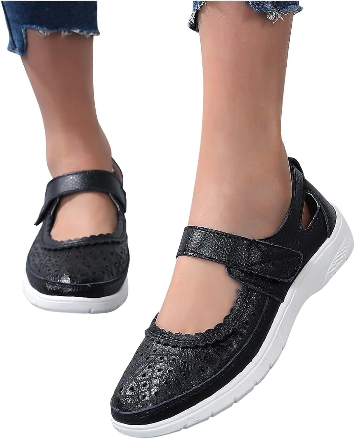 oiangi Summer Sandals for Women Fashion Casual Closed Toe Hollow Hole Hook and Loop Wedge Sandals Solid Comfortable Breathable Carved Flower Nurse Shoes