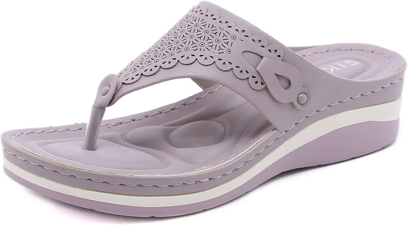 oiangi Summer Womens Clip Toe Flip Flops Sandals Fashion Casual Thong Strap Slip-on Wedge Slipper Lightweight Comfy Massage Soft Bottom Beach Shoes