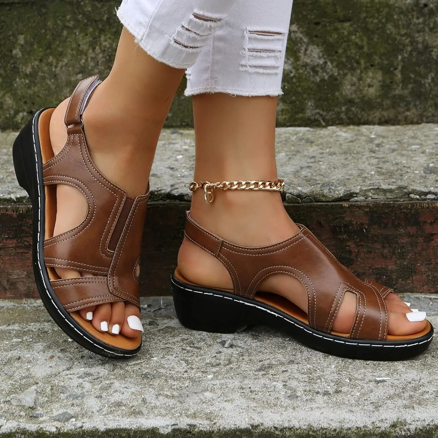 oiangi Wedge Sandals for Women Casual Summer Fish Mouth Open Toe Quilted Hook and Loop Hollow Slipper Lightweight Comfortable Outdoor Ladies Shoes