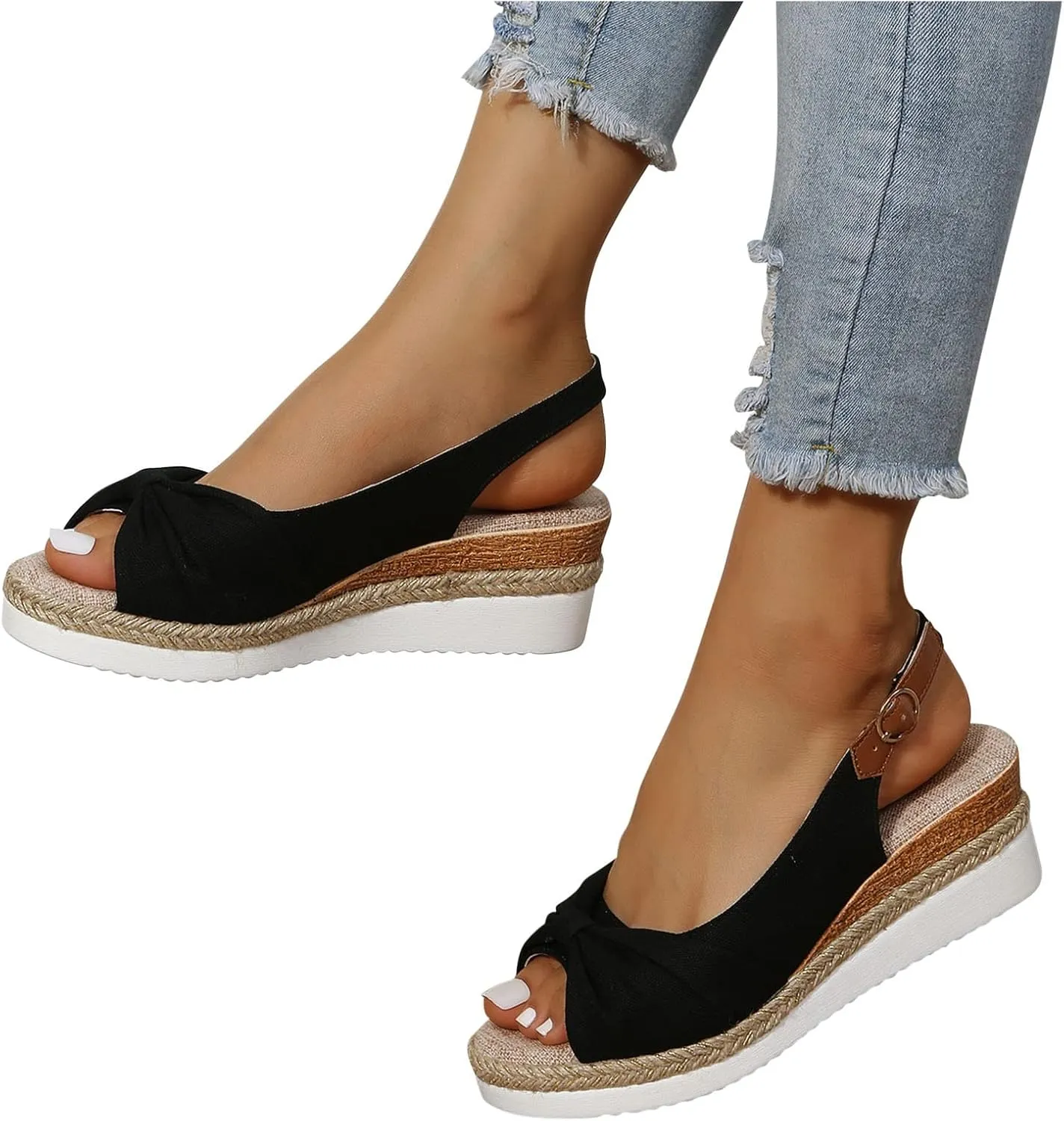 oiangi Wedge Sandals for Women Casual Summer Fish Mouth Open Toe Slingback Buckle Hemp Rope Platform Sandals Comfortable Outdoor Ladies Shoes Sandalias