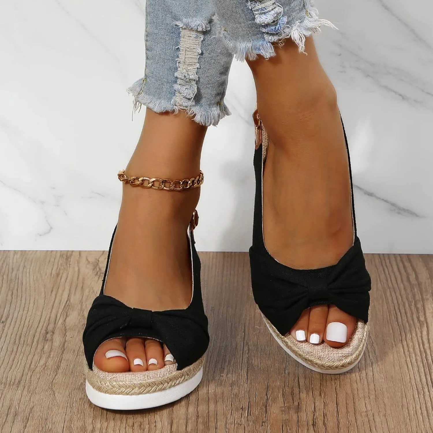 oiangi Wedge Sandals for Women Casual Summer Fish Mouth Open Toe Slingback Buckle Hemp Rope Platform Sandals Comfortable Outdoor Ladies Shoes Sandalias