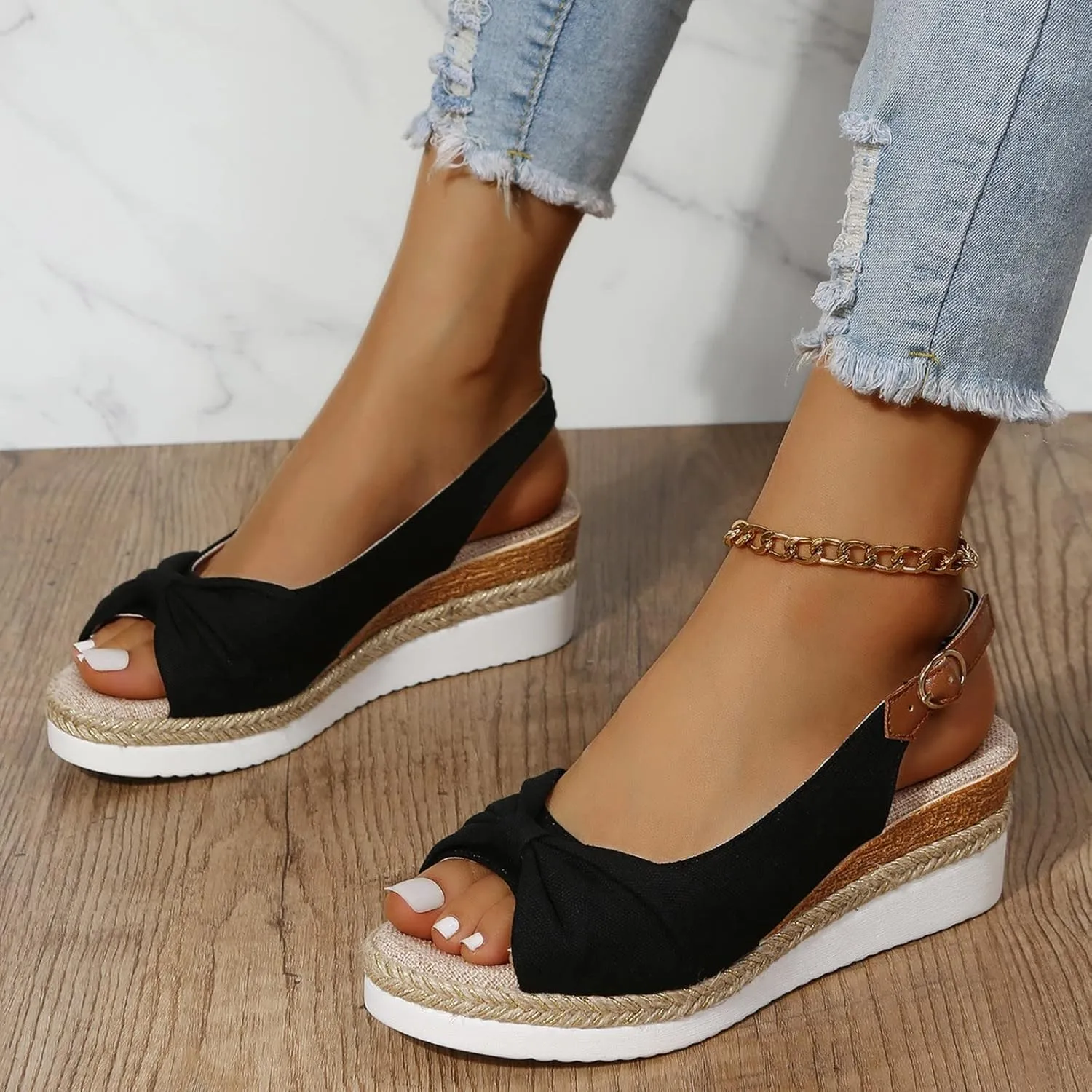 oiangi Wedge Sandals for Women Casual Summer Fish Mouth Open Toe Slingback Buckle Hemp Rope Platform Sandals Comfortable Outdoor Ladies Shoes Sandalias