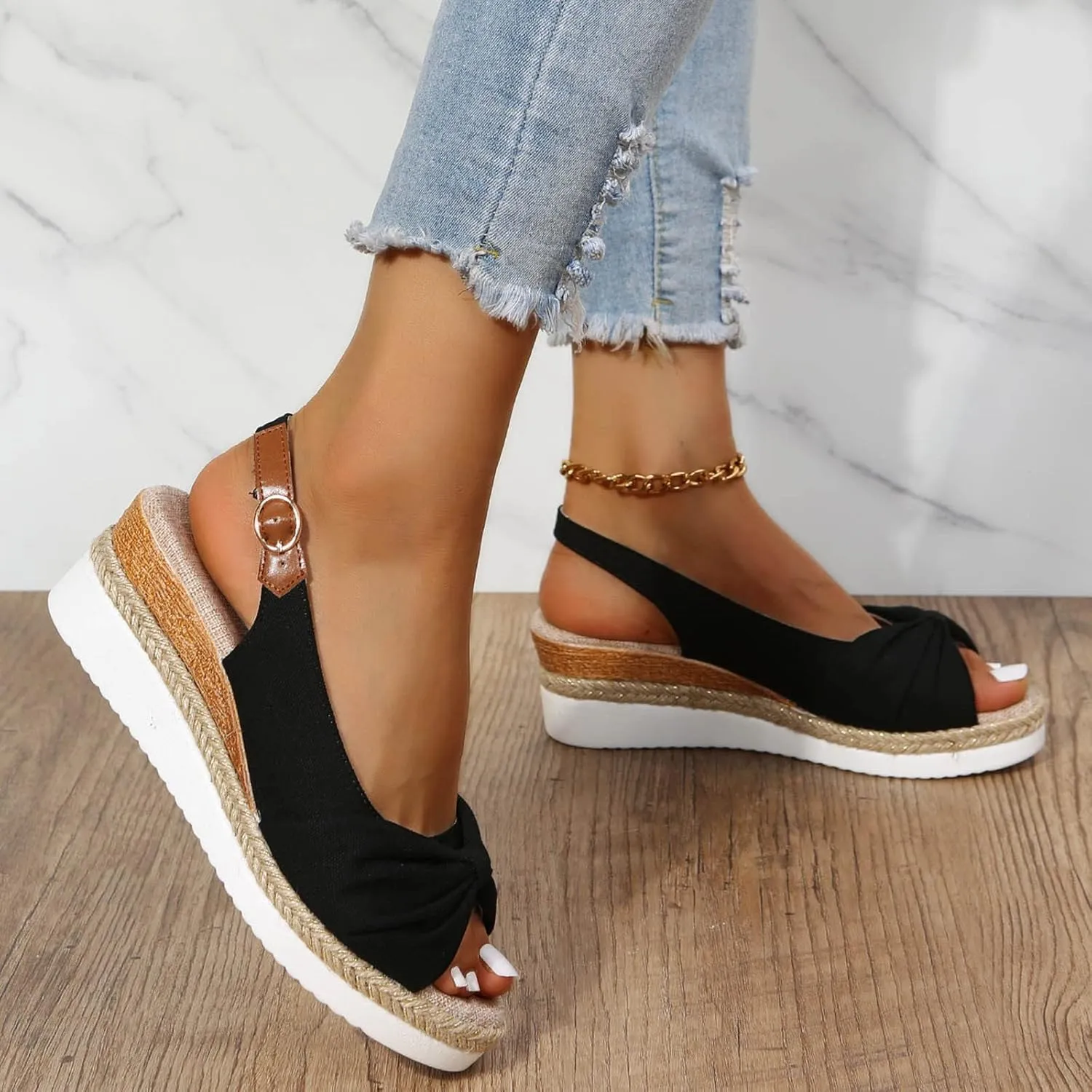 oiangi Wedge Sandals for Women Casual Summer Fish Mouth Open Toe Slingback Buckle Hemp Rope Platform Sandals Comfortable Outdoor Ladies Shoes Sandalias