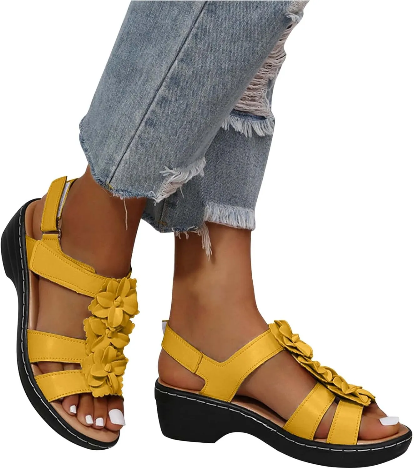 oiangi Wedge Sandals for Women Casual Summer Round Toe Fish Mouth Open Toe Flower Hollow Hook-and-Loop Platform Sandals Comfortable Outdoor Ladies Shoes