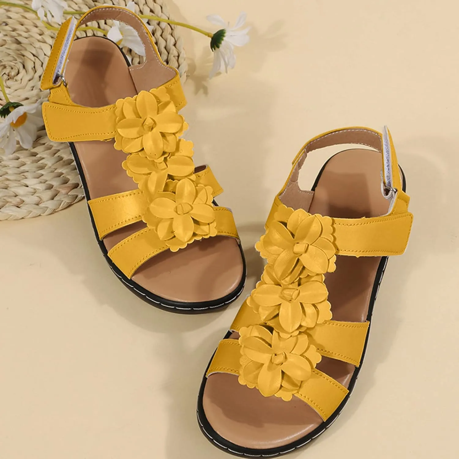 oiangi Wedge Sandals for Women Casual Summer Round Toe Fish Mouth Open Toe Flower Hollow Hook-and-Loop Platform Sandals Comfortable Outdoor Ladies Shoes