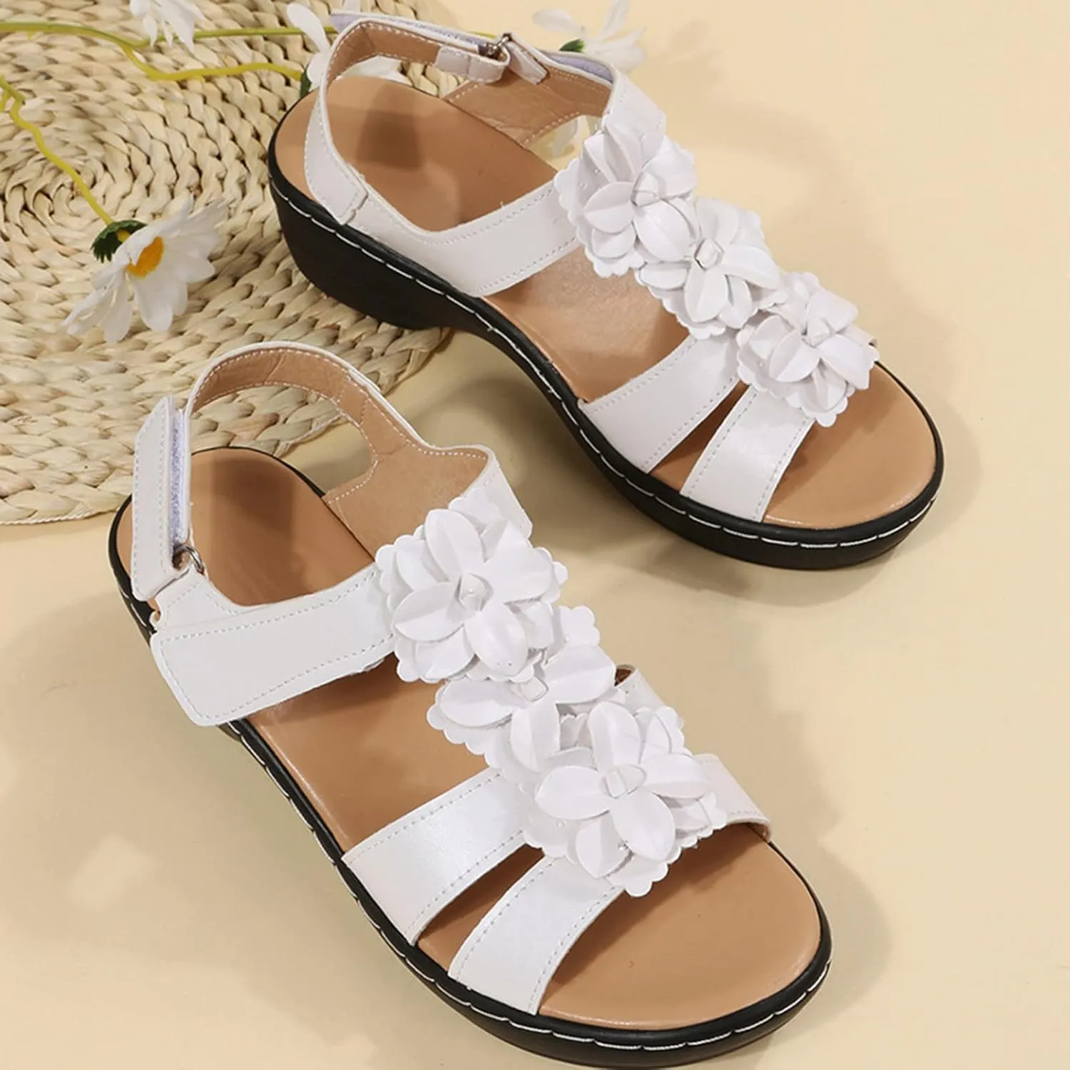 oiangi Wedge Sandals for Women Casual Summer Round Toe Fish Mouth Open Toe Flower Hollow Hook-and-Loop Platform Sandals Comfortable Outdoor Ladies Shoes