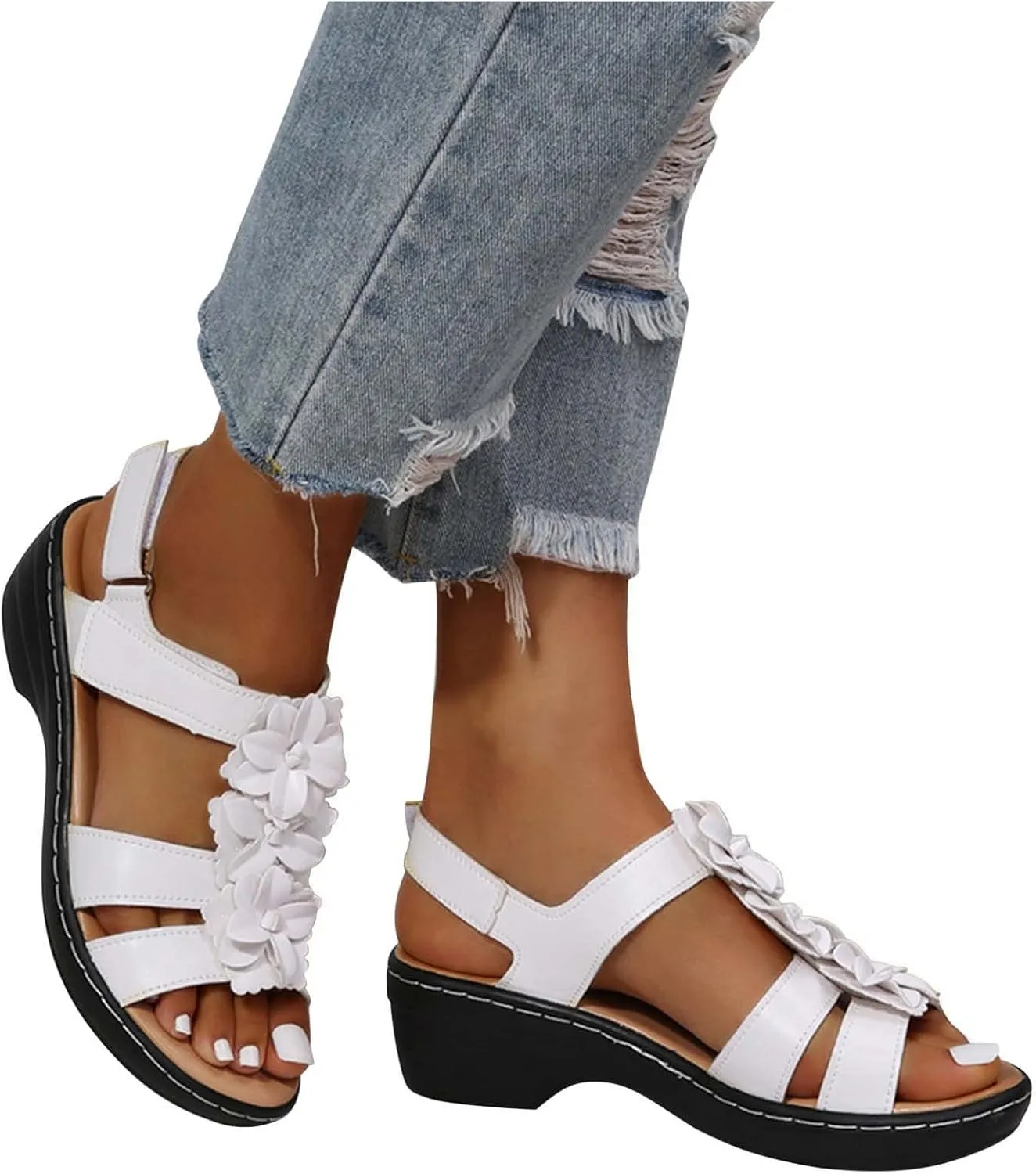 oiangi Wedge Sandals for Women Casual Summer Round Toe Fish Mouth Open Toe Flower Hollow Hook-and-Loop Platform Sandals Comfortable Outdoor Ladies Shoes