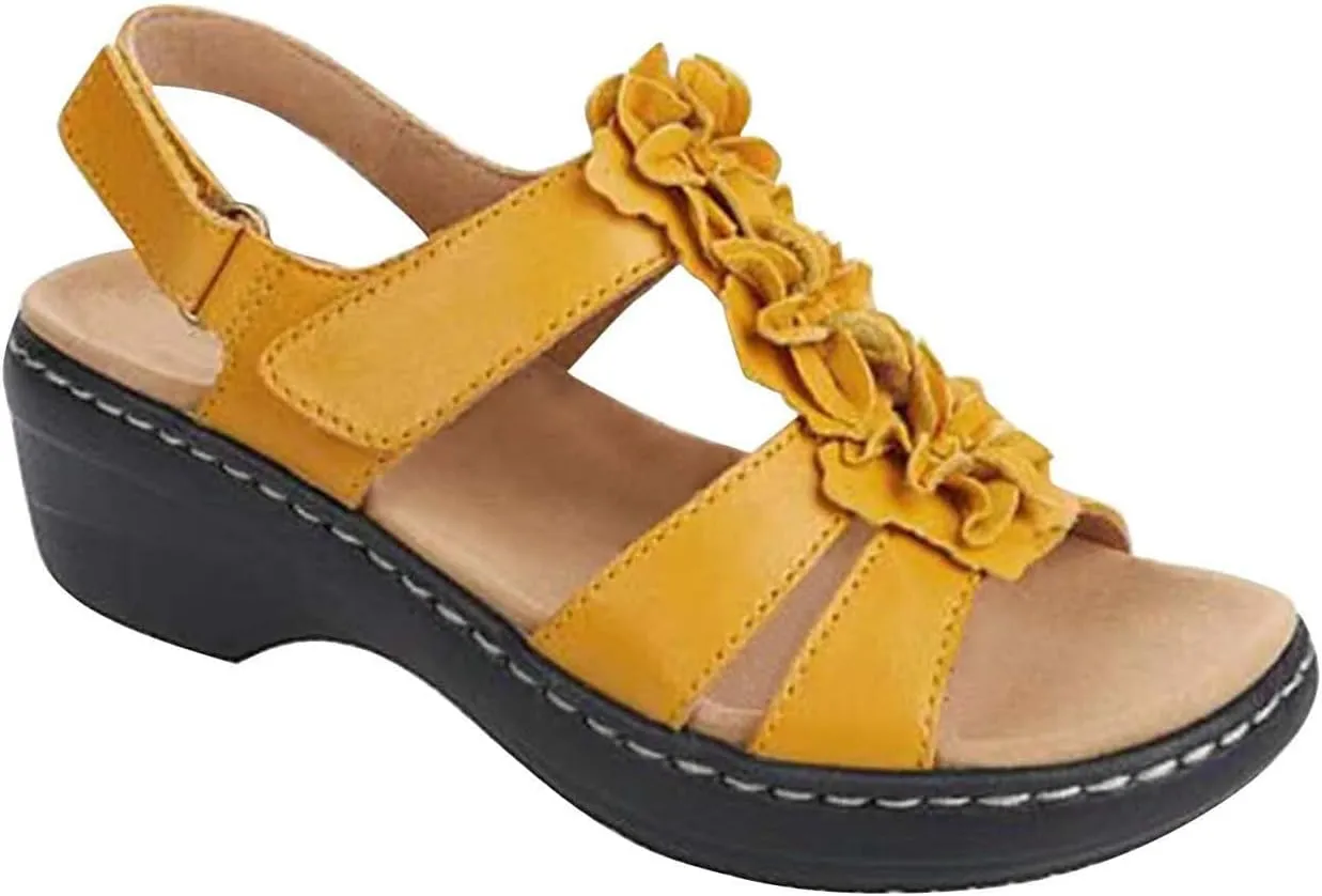 oiangi Wedge Sandals for Women Casual Summer Round Toe Fish Mouth Open Toe Flower Hollow Hook-and-Loop Platform Sandals Comfortable Outdoor Ladies Shoes