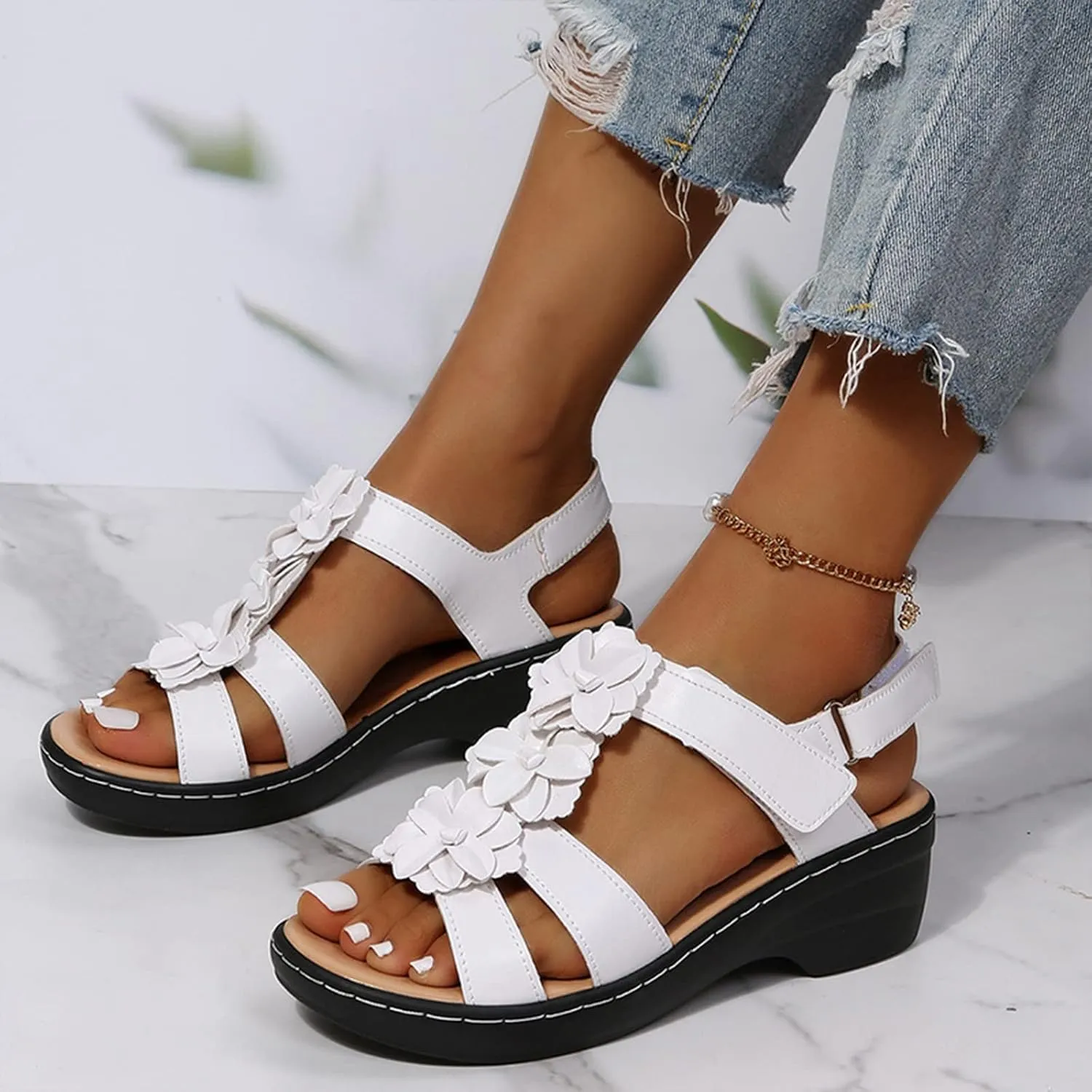 oiangi Wedge Sandals for Women Casual Summer Round Toe Fish Mouth Open Toe Flower Hollow Hook-and-Loop Platform Sandals Comfortable Outdoor Ladies Shoes