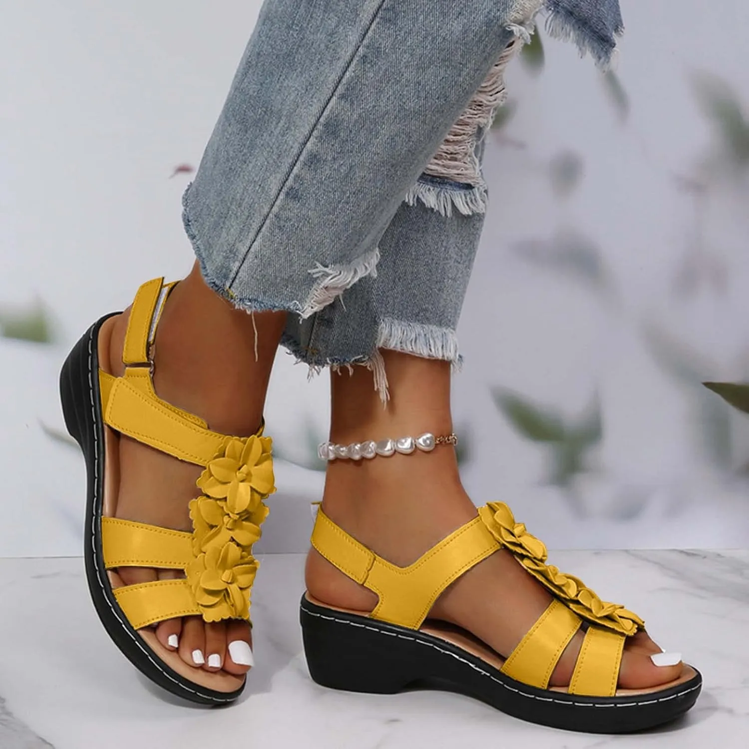 oiangi Wedge Sandals for Women Casual Summer Round Toe Fish Mouth Open Toe Flower Hollow Hook-and-Loop Platform Sandals Comfortable Outdoor Ladies Shoes