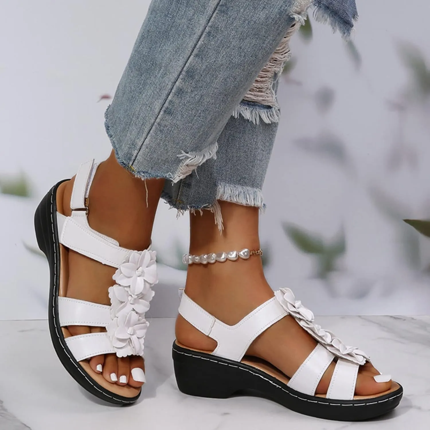 oiangi Wedge Sandals for Women Casual Summer Round Toe Fish Mouth Open Toe Flower Hollow Hook-and-Loop Platform Sandals Comfortable Outdoor Ladies Shoes
