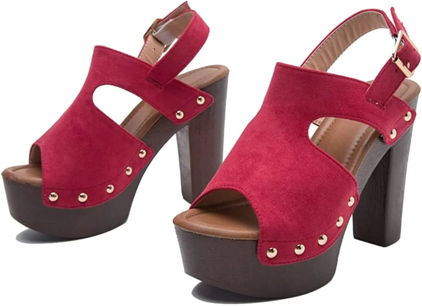 oiangi Womens Chunky Heel Platform Sandals,Summer Hollow Fish Mouth Open Toe Buckle Thick High Heels Sandalias Solid Studded Slingback Comfy Casual Shoes