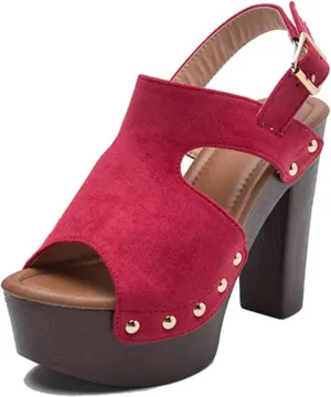 oiangi Womens Chunky Heel Platform Sandals,Summer Hollow Fish Mouth Open Toe Buckle Thick High Heels Sandalias Solid Studded Slingback Comfy Casual Shoes
