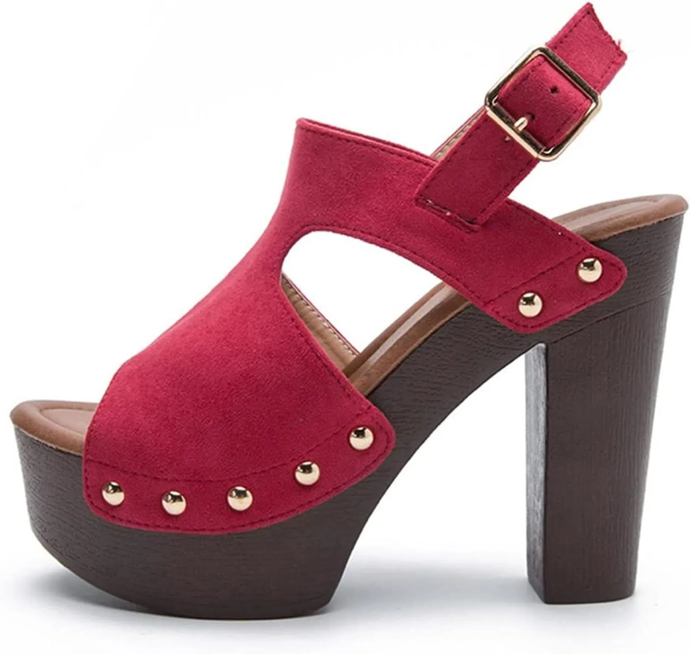 oiangi Womens Chunky Heel Platform Sandals,Summer Hollow Fish Mouth Open Toe Buckle Thick High Heels Sandalias Solid Studded Slingback Comfy Casual Shoes