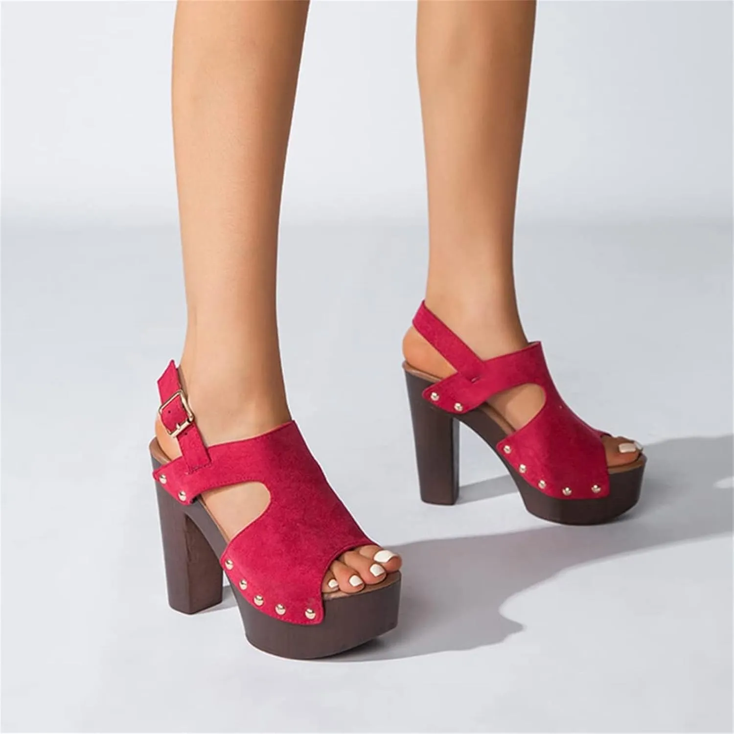 oiangi Womens Chunky Heel Platform Sandals,Summer Hollow Fish Mouth Open Toe Buckle Thick High Heels Sandalias Solid Studded Slingback Comfy Casual Shoes