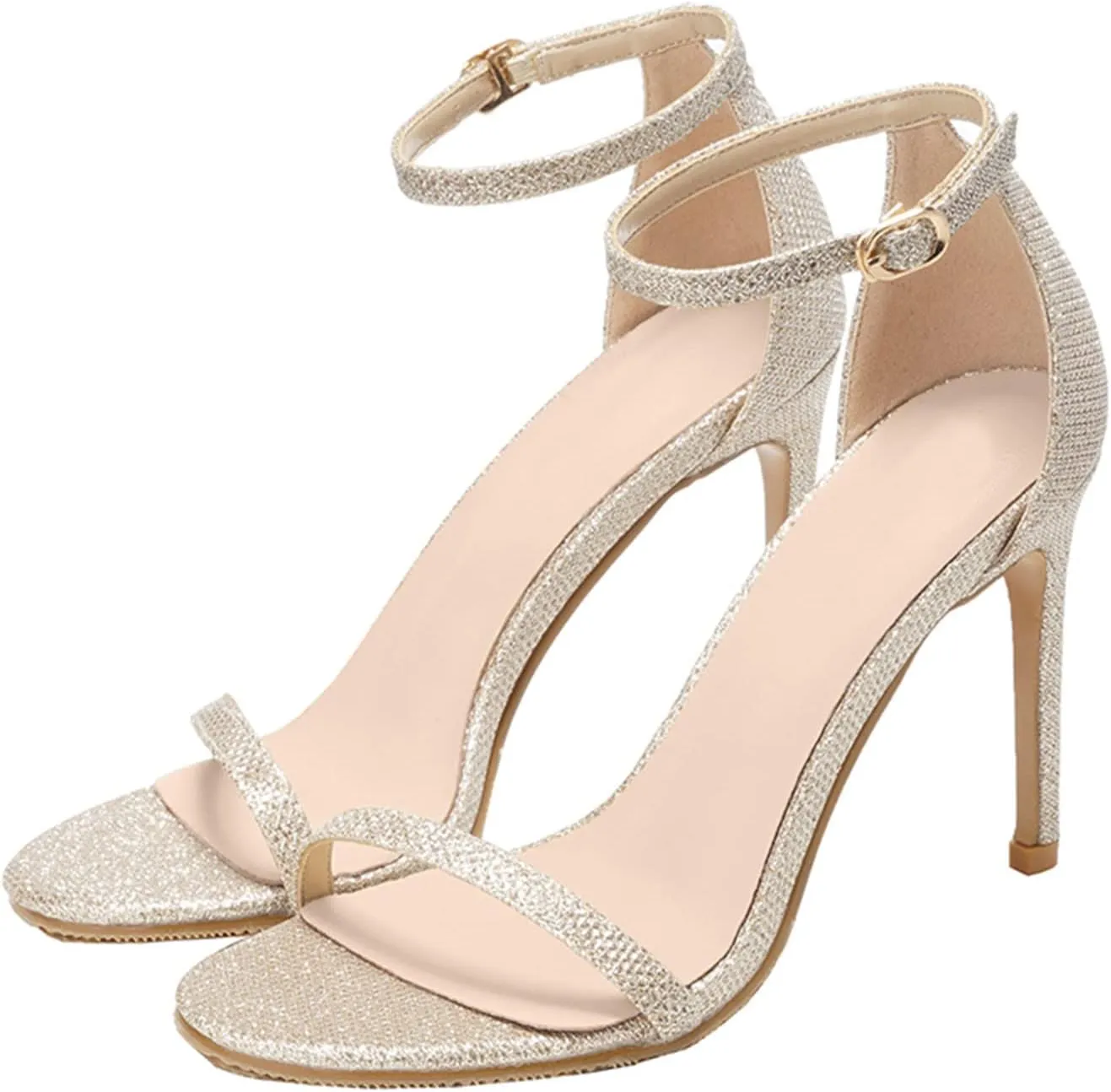 oiangi Womens Glitter Flock Stiletto Sandals Summer Ankle Strap Thin Band Strap Buckle High Heels Sexy Temperament Ladies Casual Shoes Sandalias