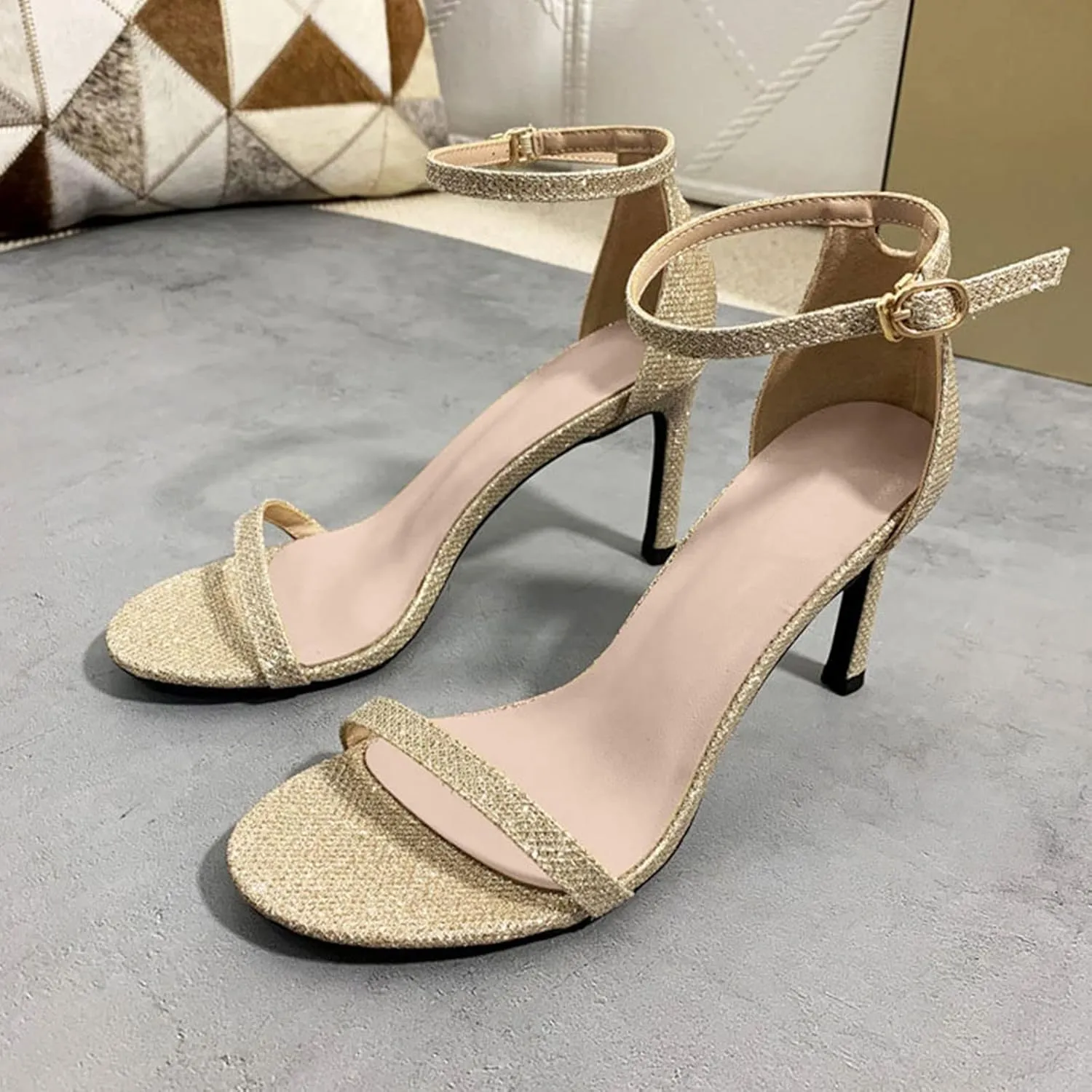 oiangi Womens Glitter Flock Stiletto Sandals Summer Ankle Strap Thin Band Strap Buckle High Heels Sexy Temperament Ladies Casual Shoes Sandalias