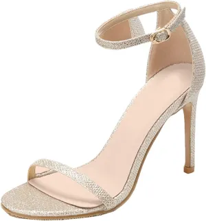 oiangi Womens Glitter Flock Stiletto Sandals Summer Ankle Strap Thin Band Strap Buckle High Heels Sexy Temperament Ladies Casual Shoes Sandalias