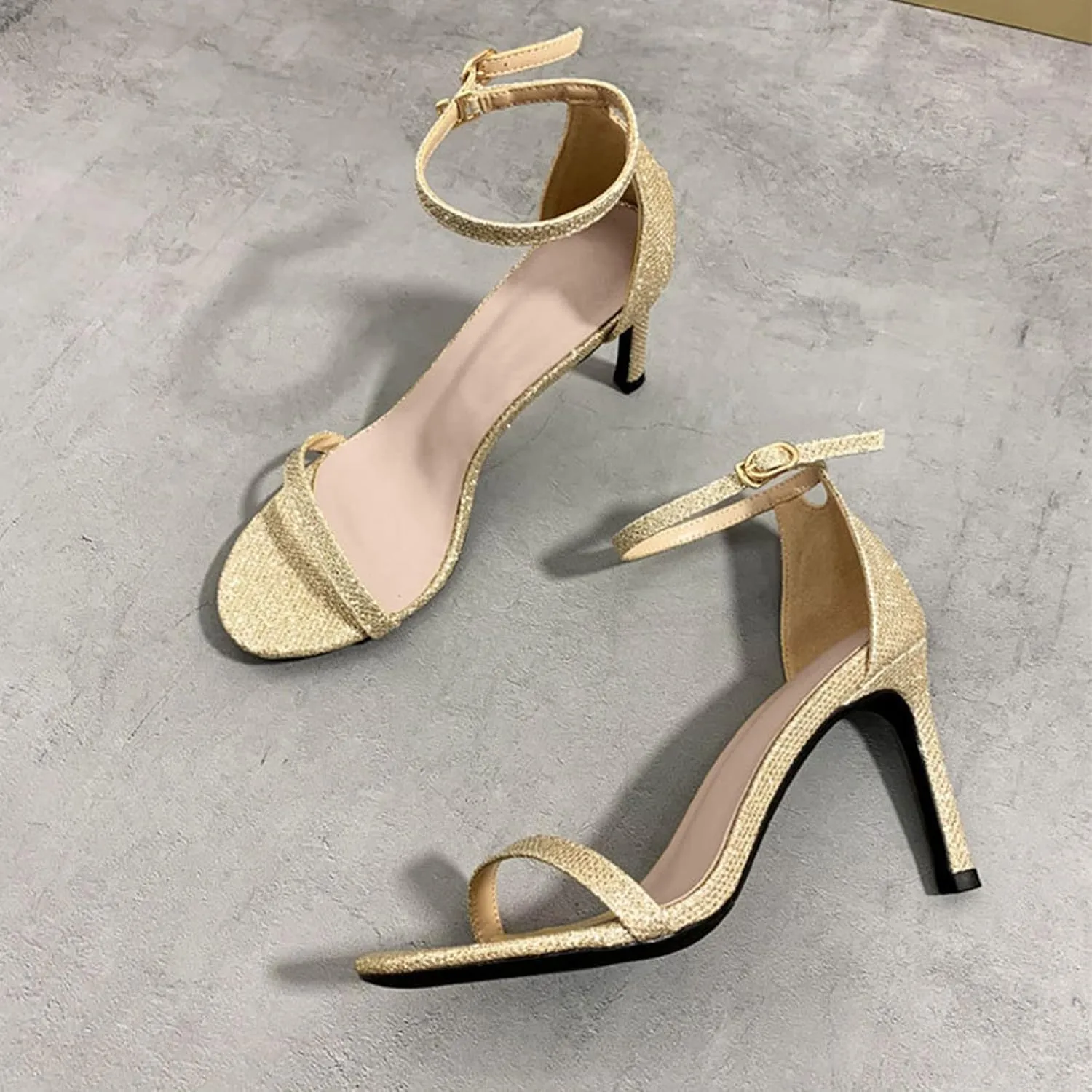 oiangi Womens Glitter Flock Stiletto Sandals Summer Ankle Strap Thin Band Strap Buckle High Heels Sexy Temperament Ladies Casual Shoes Sandalias