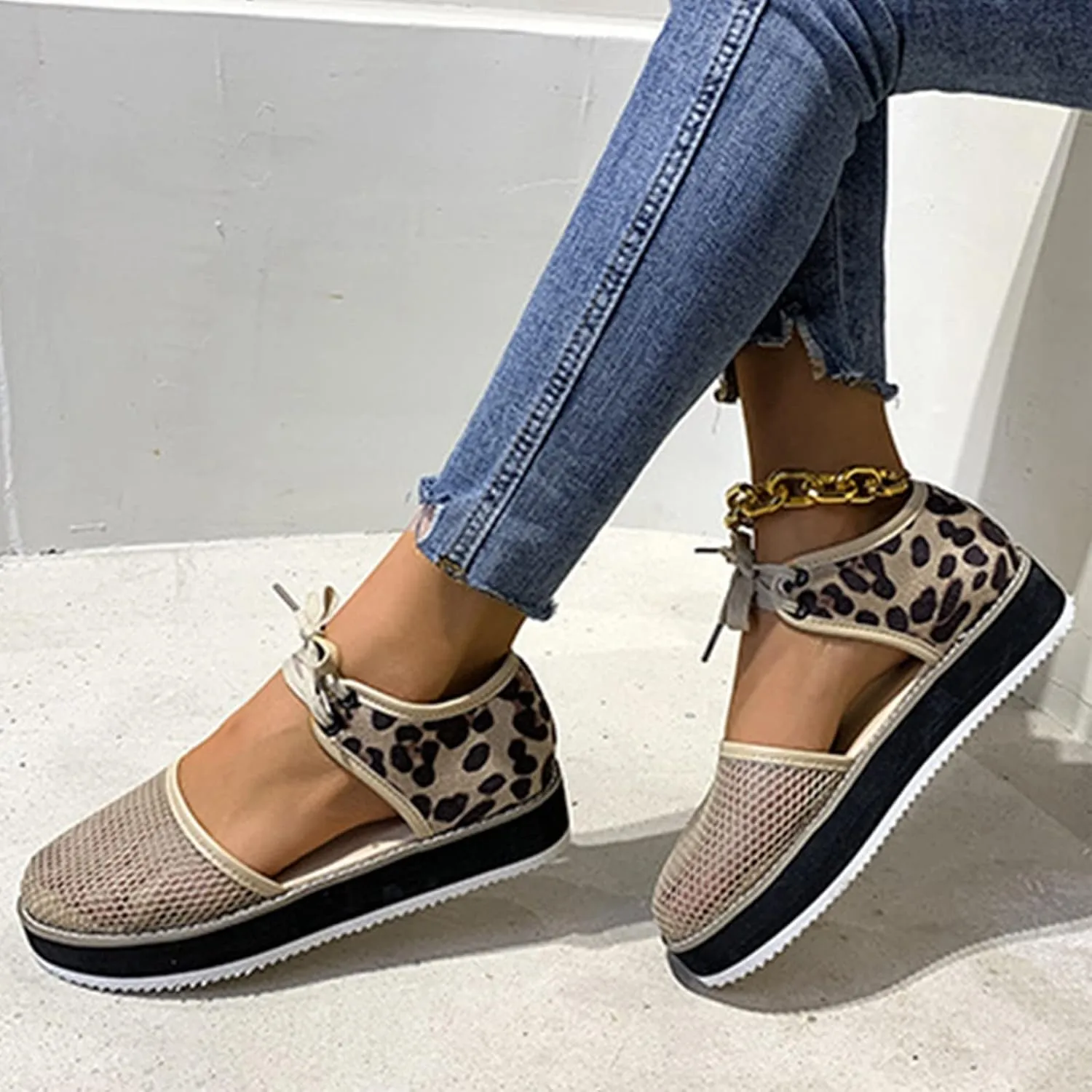 oiangi Womens Leopard Print Platform Sandals Fashion Breathable Mesh Cutout Lace Up Non-Slip Sandals Summer Comfy Casual Outdoor Ladies Shoes Sandalias