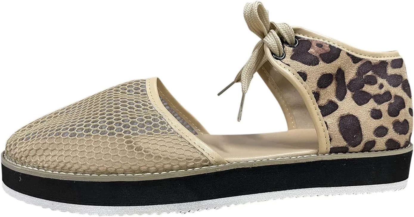 oiangi Womens Leopard Print Platform Sandals Fashion Breathable Mesh Cutout Lace Up Non-Slip Sandals Summer Comfy Casual Outdoor Ladies Shoes Sandalias