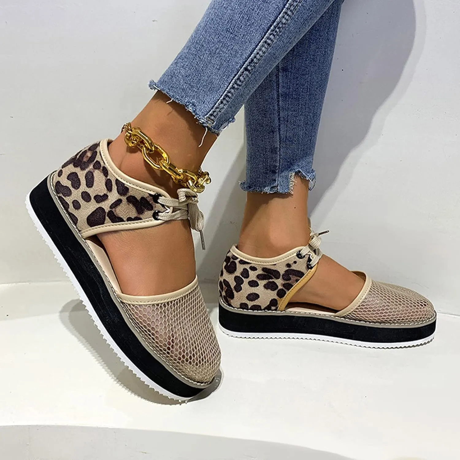 oiangi Womens Leopard Print Platform Sandals Fashion Breathable Mesh Cutout Lace Up Non-Slip Sandals Summer Comfy Casual Outdoor Ladies Shoes Sandalias