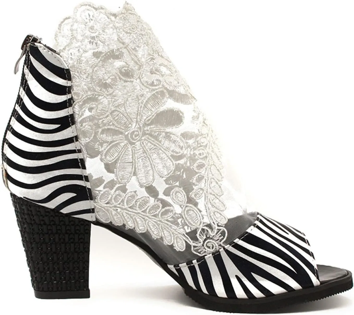 oiangi Womens Peep Toe Chunky Sandals Summer Flower Lace Mesh Breathable Open Toe Back Zipper Zebra Print Thick High Heels Elegant Comfy Casual Shoes