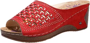 oiangi Womens Rhinestone Studded Wedge Sandals Comfortable Mesh Hollow Fish Mouth Open Toe Platform Slip-on Slippers Summer Trendy Casual Solid Shoes