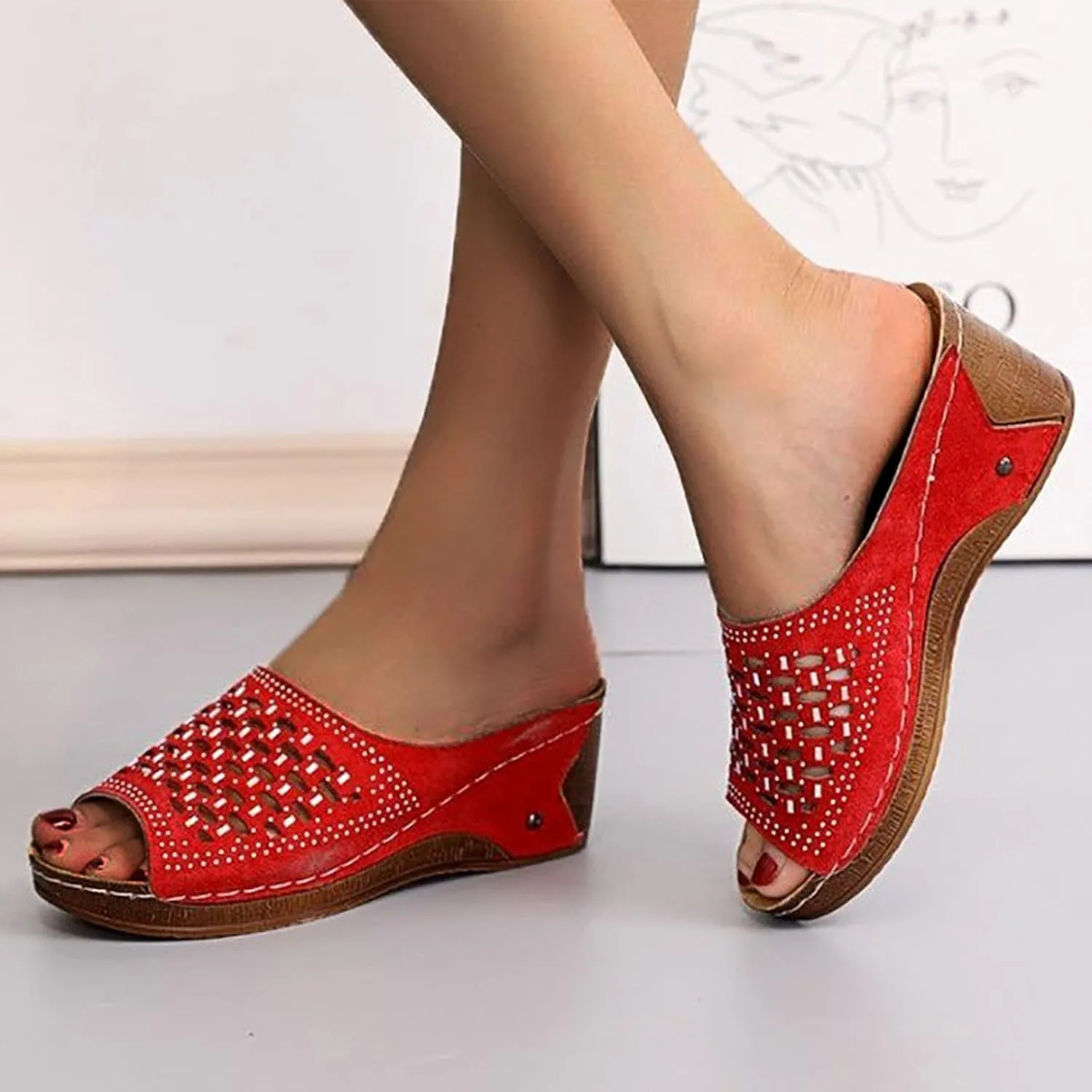 oiangi Womens Rhinestone Studded Wedge Sandals Comfortable Mesh Hollow Fish Mouth Open Toe Platform Slip-on Slippers Summer Trendy Casual Solid Shoes