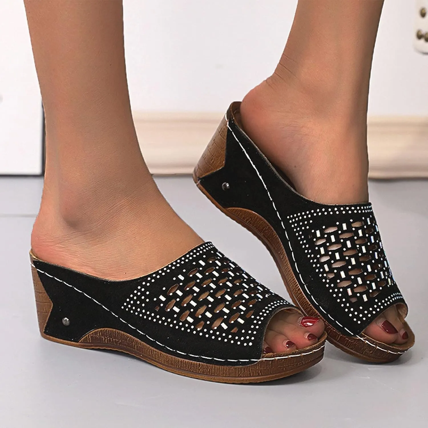 oiangi Womens Rhinestone Studded Wedge Sandals Comfortable Mesh Hollow Fish Mouth Open Toe Platform Slip-on Slippers Summer Trendy Casual Solid Shoes