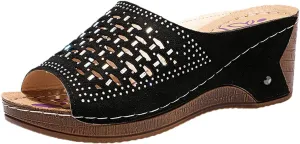 oiangi Womens Rhinestone Studded Wedge Sandals Comfortable Mesh Hollow Fish Mouth Open Toe Platform Slip-on Slippers Summer Trendy Casual Solid Shoes