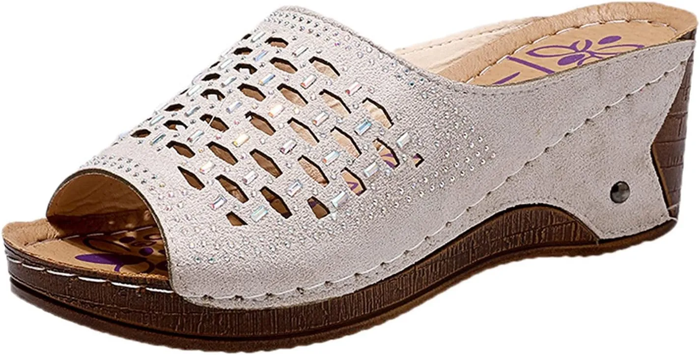 oiangi Womens Rhinestone Studded Wedge Sandals Comfortable Mesh Hollow Fish Mouth Open Toe Platform Slip-on Slippers Summer Trendy Casual Solid Shoes