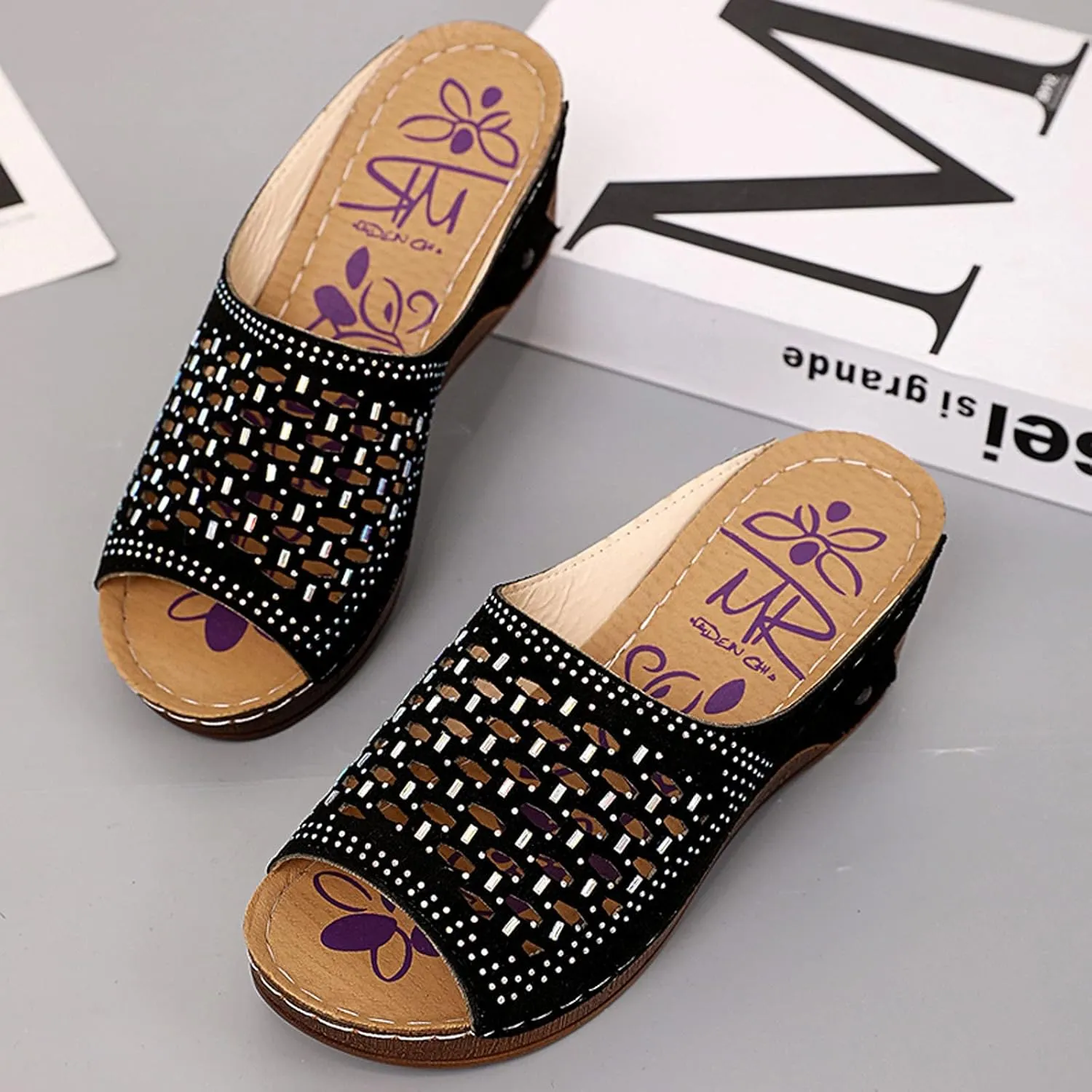 oiangi Womens Rhinestone Studded Wedge Sandals Comfortable Mesh Hollow Fish Mouth Open Toe Platform Slip-on Slippers Summer Trendy Casual Solid Shoes