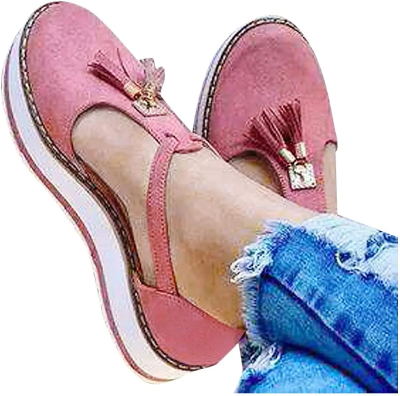oiangi Womens Shoes Sandals Dressy Fashion Tassel Round Toe Hollow out Flat Pumps Comfortable Thick Bottom Buckle Strap Casual Beach Shoes
