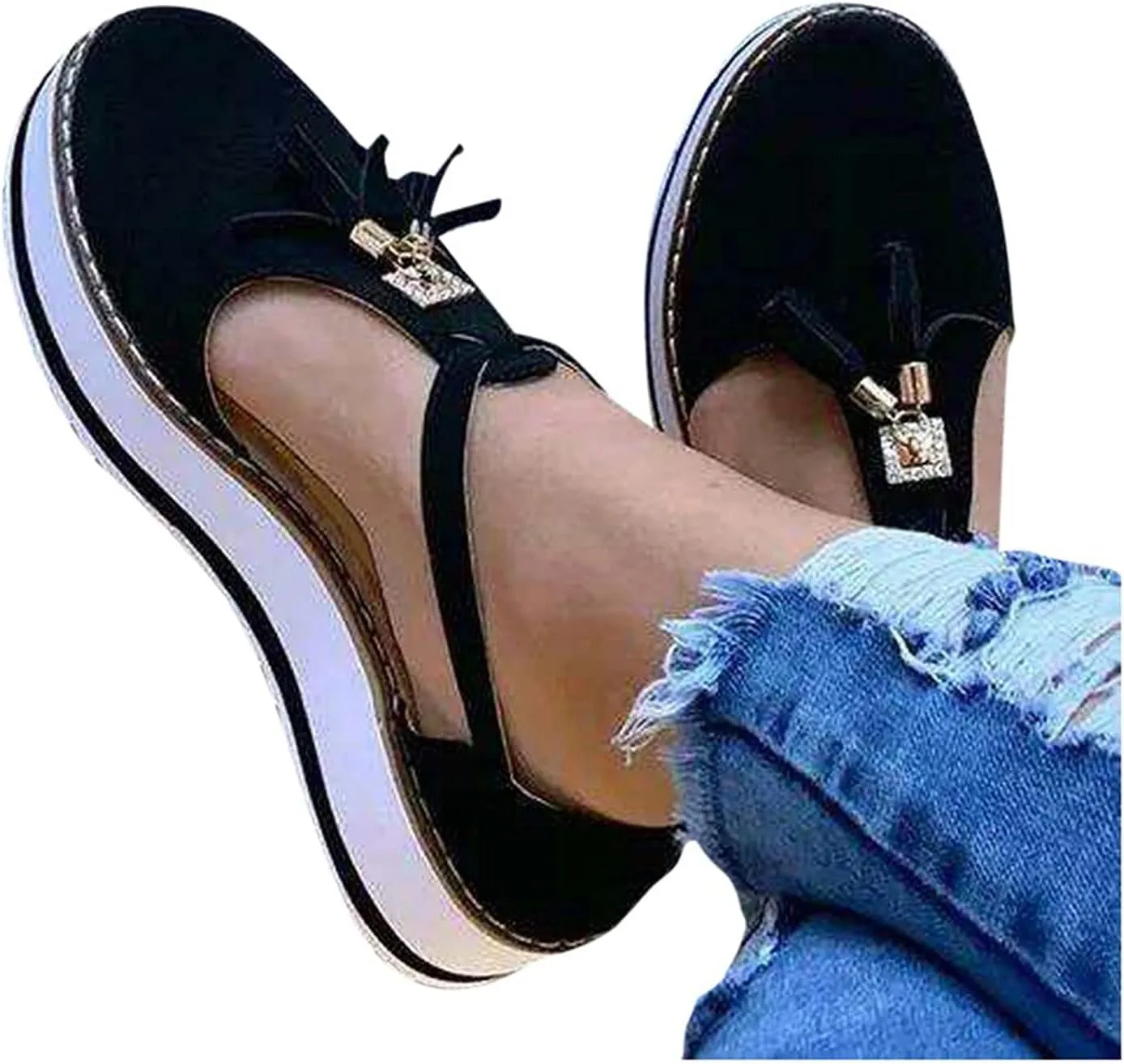 oiangi Womens Shoes Sandals Dressy Fashion Tassel Round Toe Hollow out Flat Pumps Comfortable Thick Bottom Buckle Strap Casual Beach Shoes