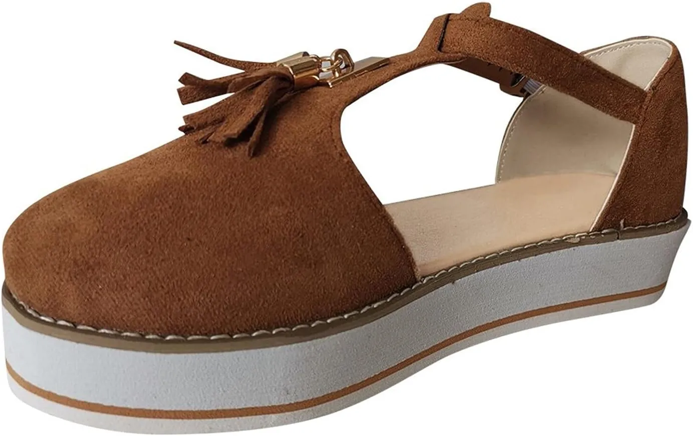 oiangi Womens Shoes Sandals Dressy Fashion Tassel Round Toe Hollow out Flat Pumps Comfortable Thick Bottom Buckle Strap Casual Beach Shoes