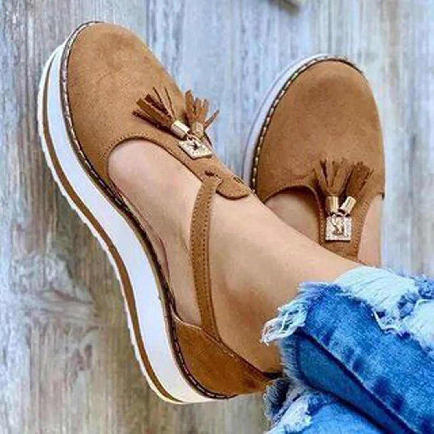 oiangi Womens Shoes Sandals Dressy Fashion Tassel Round Toe Hollow out Flat Pumps Comfortable Thick Bottom Buckle Strap Casual Beach Shoes