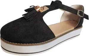 oiangi Womens Shoes Sandals Dressy Fashion Tassel Round Toe Hollow out Flat Pumps Comfortable Thick Bottom Buckle Strap Casual Beach Shoes