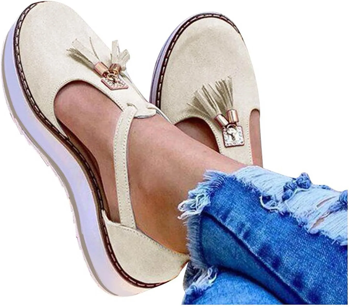 oiangi Womens Shoes Sandals Dressy Fashion Tassel Round Toe Hollow out Flat Pumps Comfortable Thick Bottom Buckle Strap Casual Beach Shoes