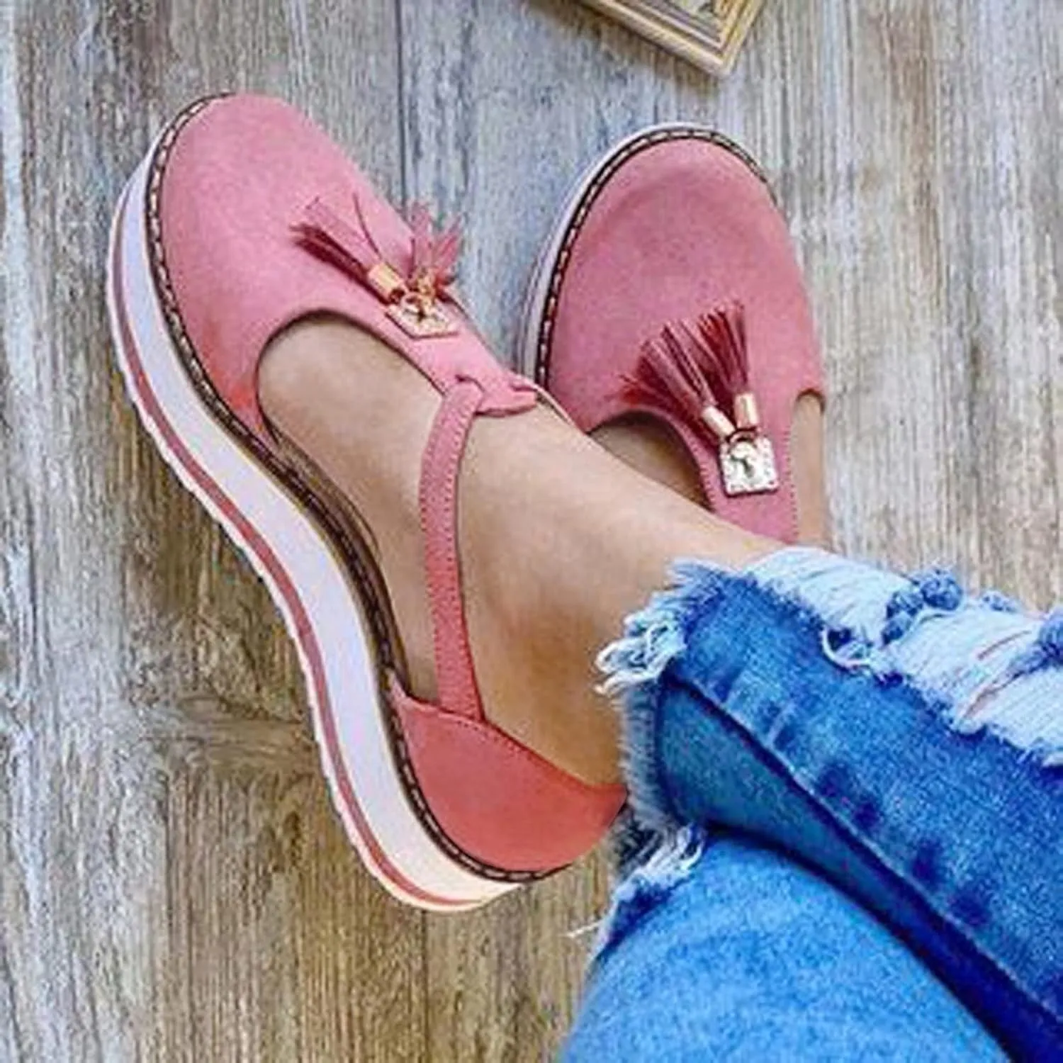 oiangi Womens Shoes Sandals Dressy Fashion Tassel Round Toe Hollow out Flat Pumps Comfortable Thick Bottom Buckle Strap Casual Beach Shoes